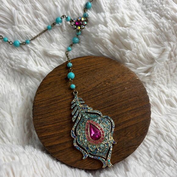 Betsey Johnson Necklace Bohemian-Style Crystal Rhinestone Peacock Feather Beaded - Picture 7 of 9